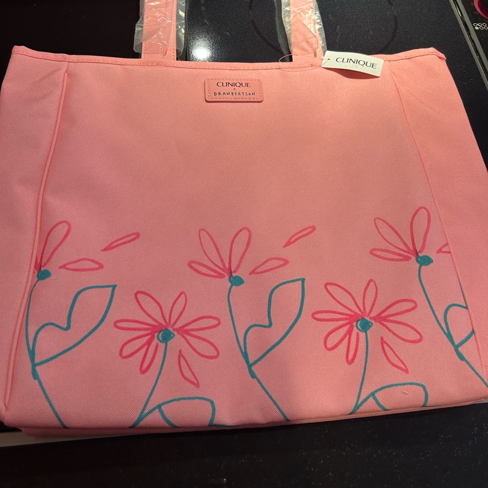Clinique Pink Floral Tote Bag with Whimsical Design